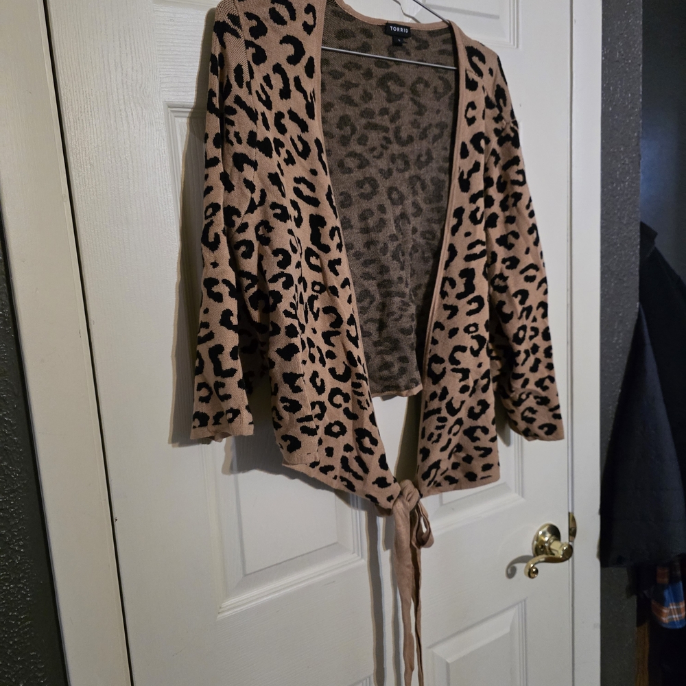 torrid Beige and Black Leopard Tie-Front Cardigan Sweater